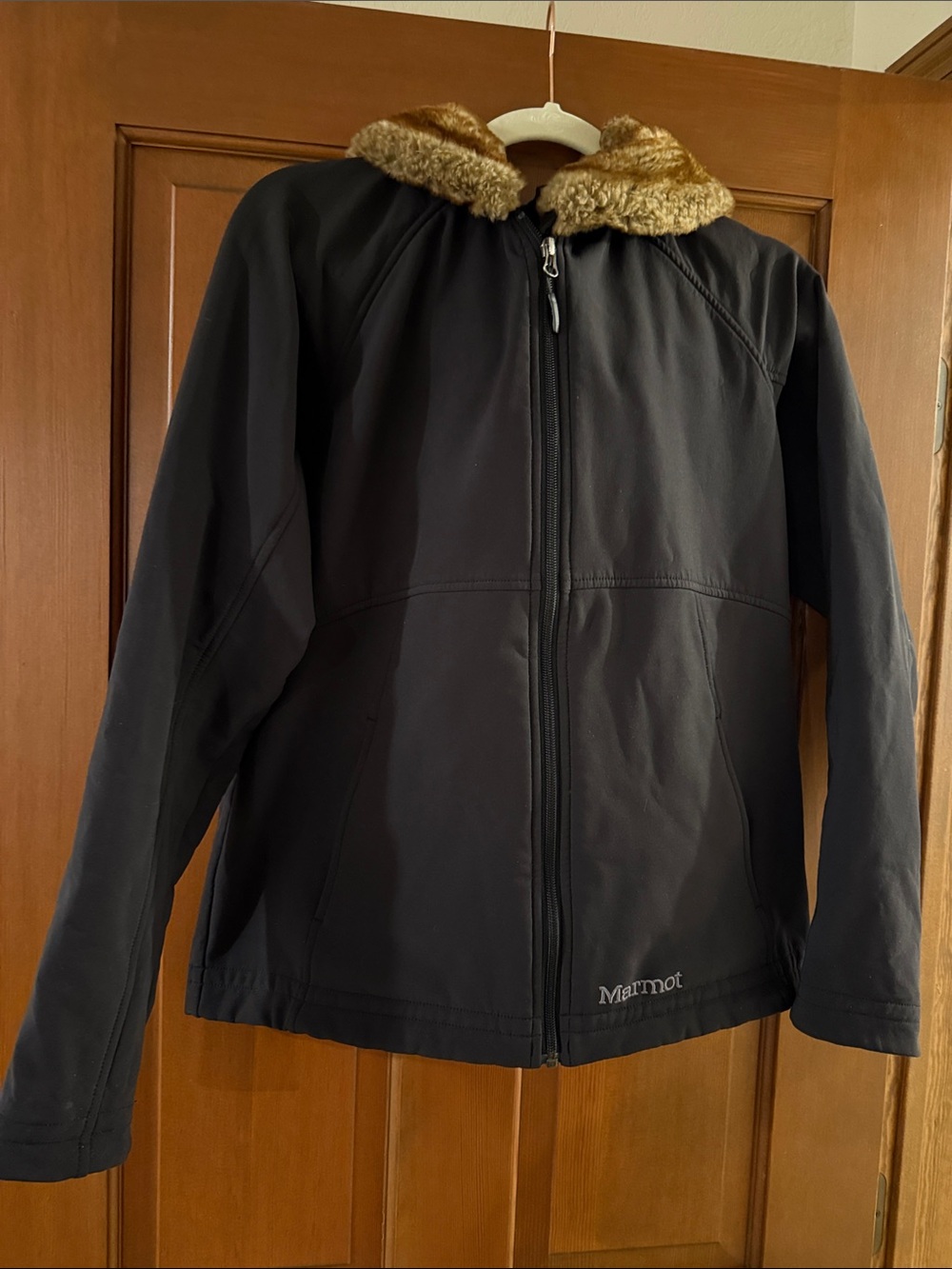 Marmot Black Puffer Jacket with Brown Faux Fur Collar